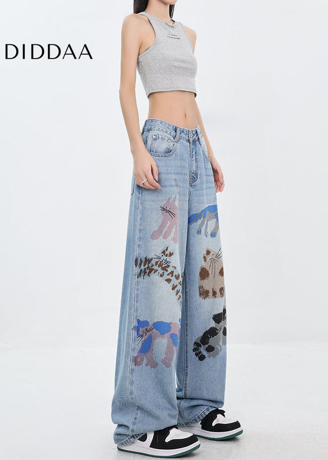 White Graffiti Kitten Print Wide-Leg Jeans for Women - Women’s Jeans