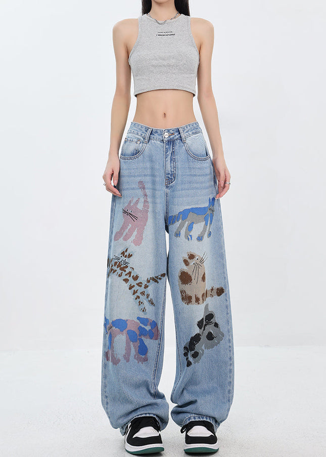 White Graffiti Kitten Print Wide-Leg Jeans for Women - Women’s Jeans