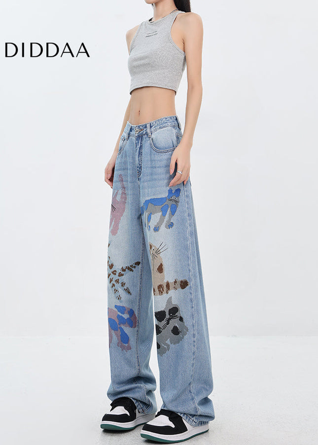 White Graffiti Kitten Print Wide-Leg Jeans for Women - Women’s Jeans