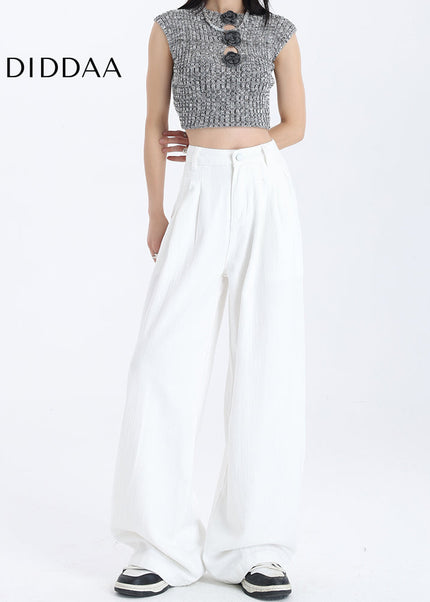 White High-Waisted Draped Wide-Leg Jeans - Women’s Jeans