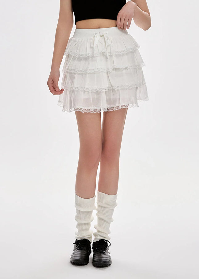 White High-Waisted Lace A-Line Skirt for Women - Skirts