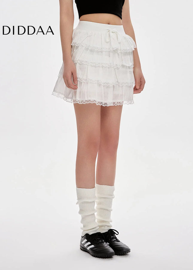 White High-Waisted Lace A-Line Skirt for Women - Skirts