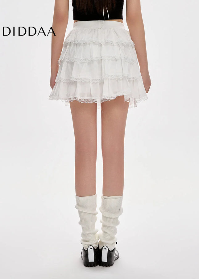 White High-Waisted Lace A-Line Skirt for Women - Skirts