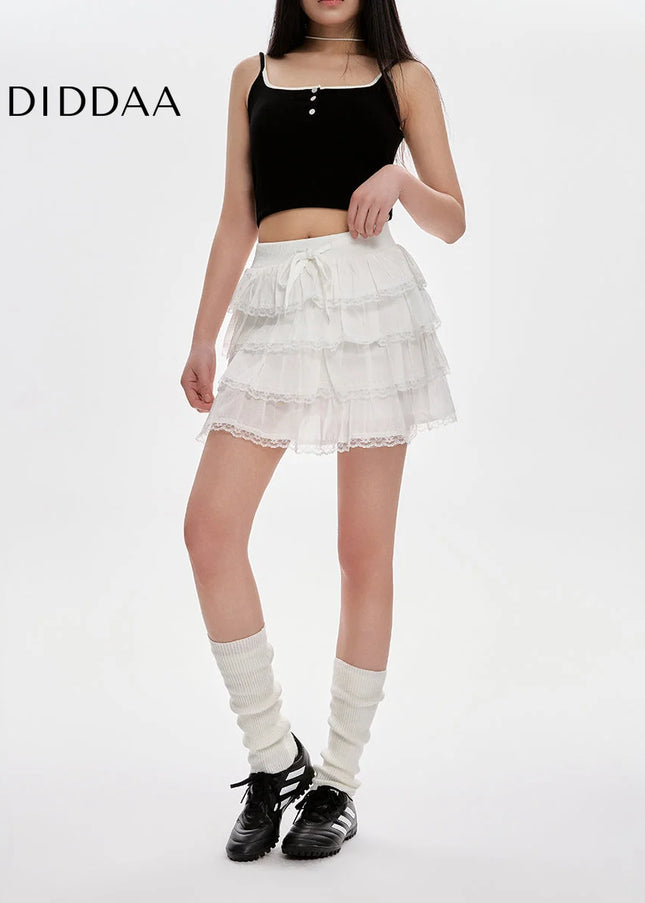 White High-Waisted Lace A-Line Skirt for Women - Skirts