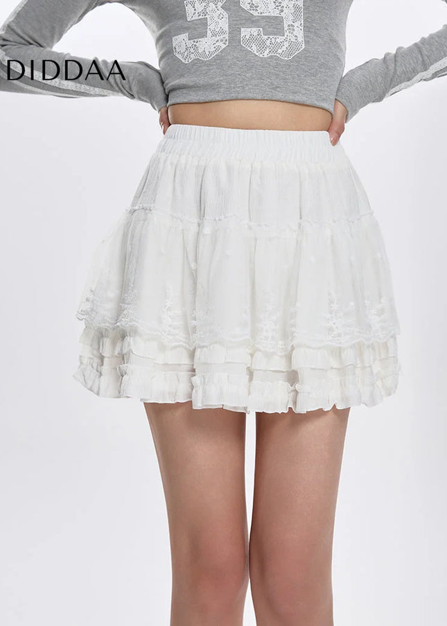White High-Waisted Lace Spliced Short Skirt for Women - Skirts