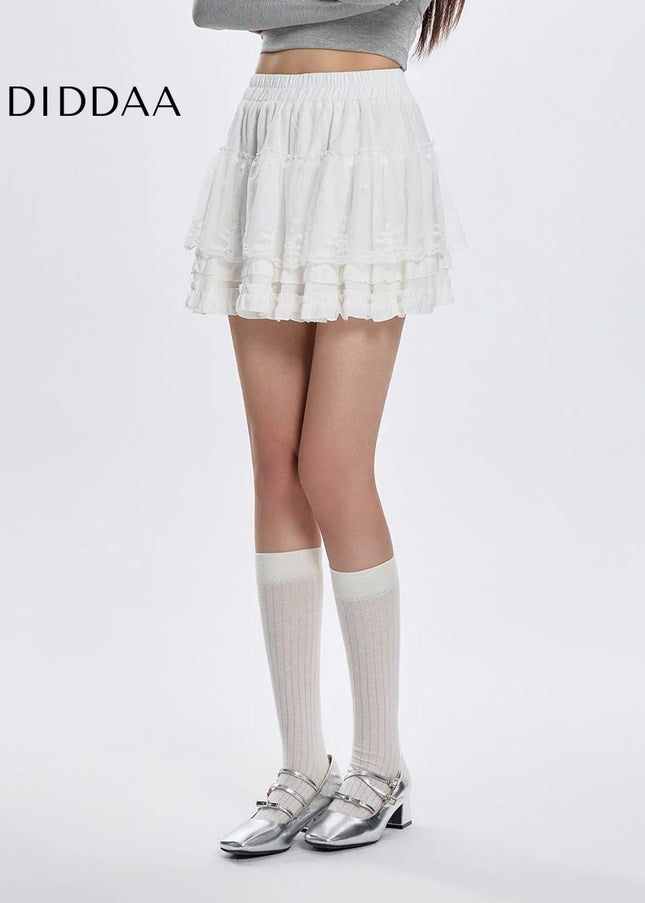 White High-Waisted Lace Spliced Short Skirt for Women - Skirts