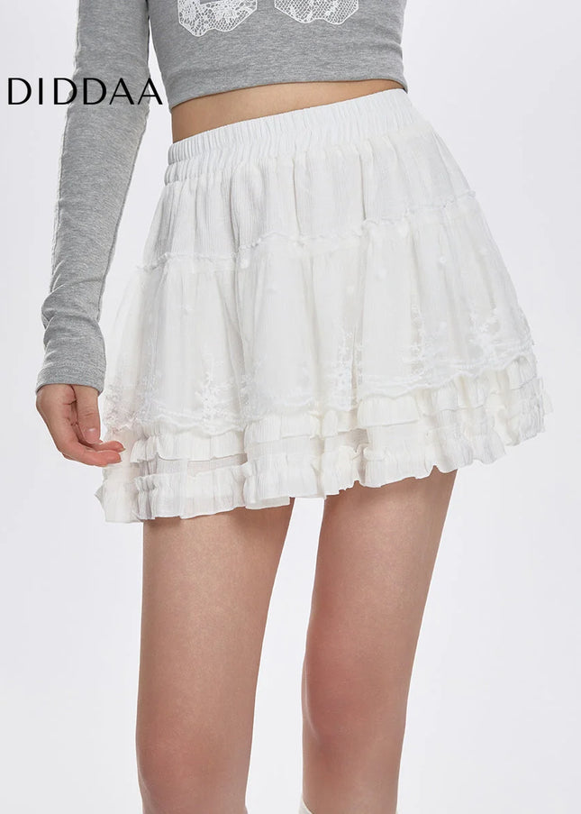 White High-Waisted Lace Spliced Short Skirt for Women - Skirts