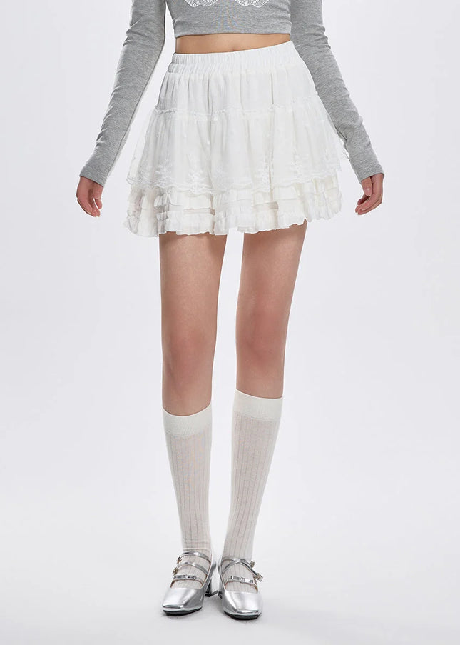 White High-Waisted Lace Spliced Short Skirt for Women - Skirts
