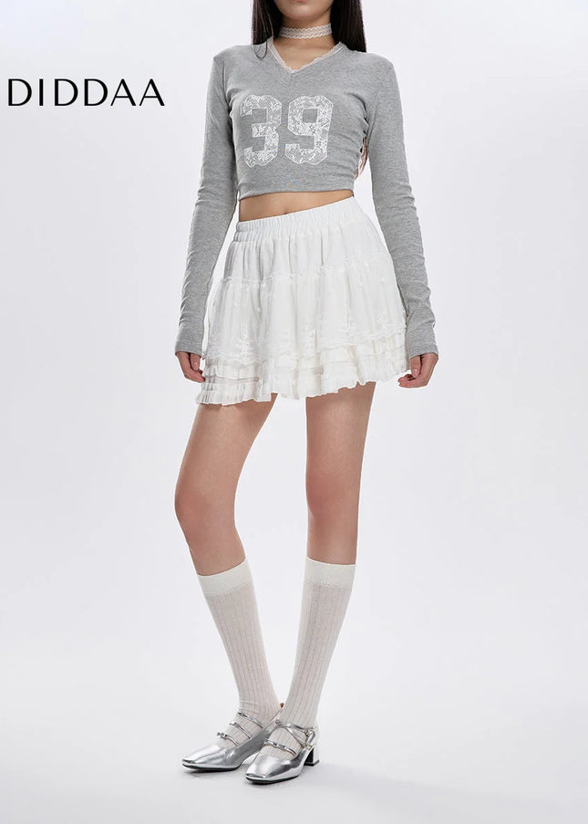 White High-Waisted Lace Spliced Short Skirt for Women - Skirts