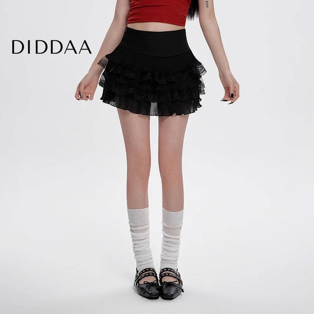 White Lace High Waist A-Line Pleated Summer Skirt - S / Black - Skirts