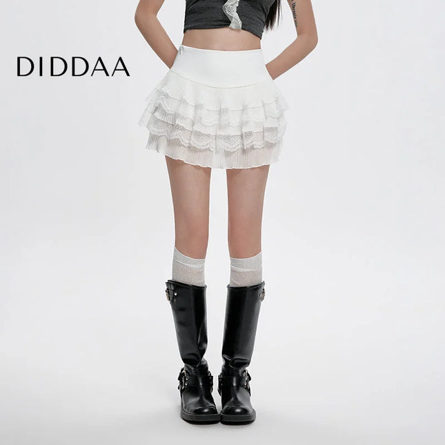 White Lace High Waist A-Line Pleated Summer Skirt - S / White - Skirts