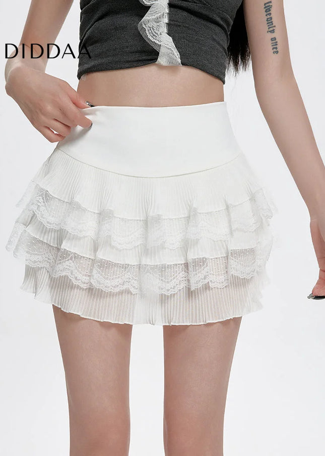 White Lace High Waist A-Line Pleated Summer Skirt - Skirts