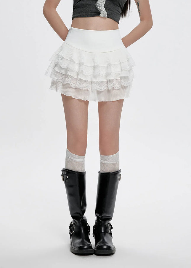 White Lace High Waist A-Line Pleated Summer Skirt - Skirts