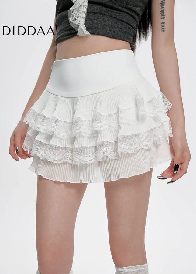 White Lace High Waist A-Line Pleated Summer Skirt - Skirts