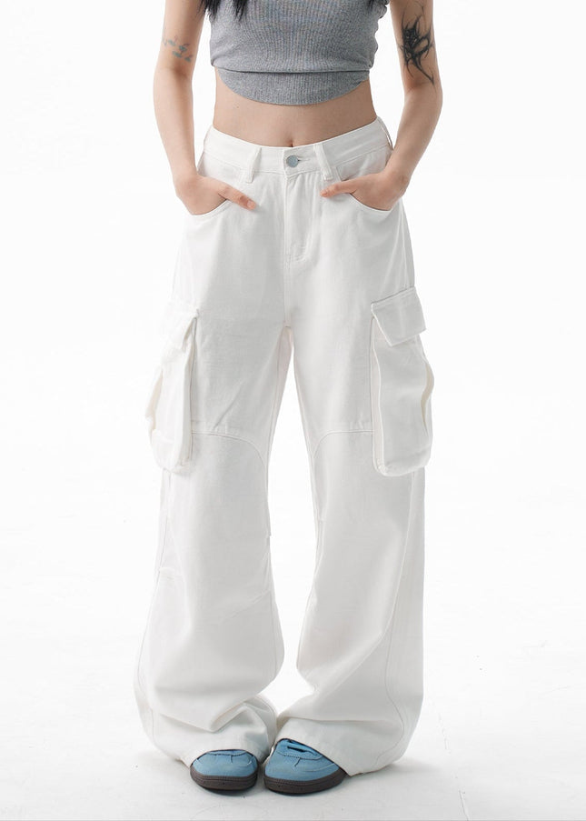 White Loose Drap Wide-Leg Cargo Jeans for Women - Women’s Jeans