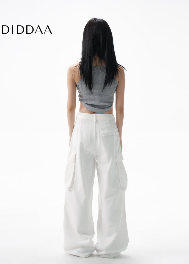 White Loose Drap Wide-Leg Cargo Jeans for Women - Women’s Jeans