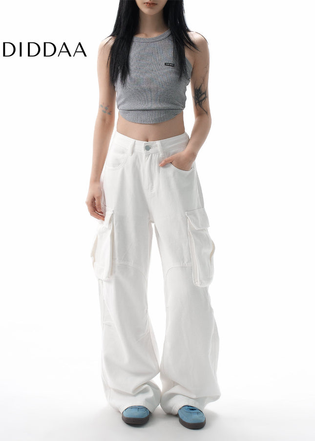 White Loose Drap Wide-Leg Cargo Jeans for Women - Women’s Jeans