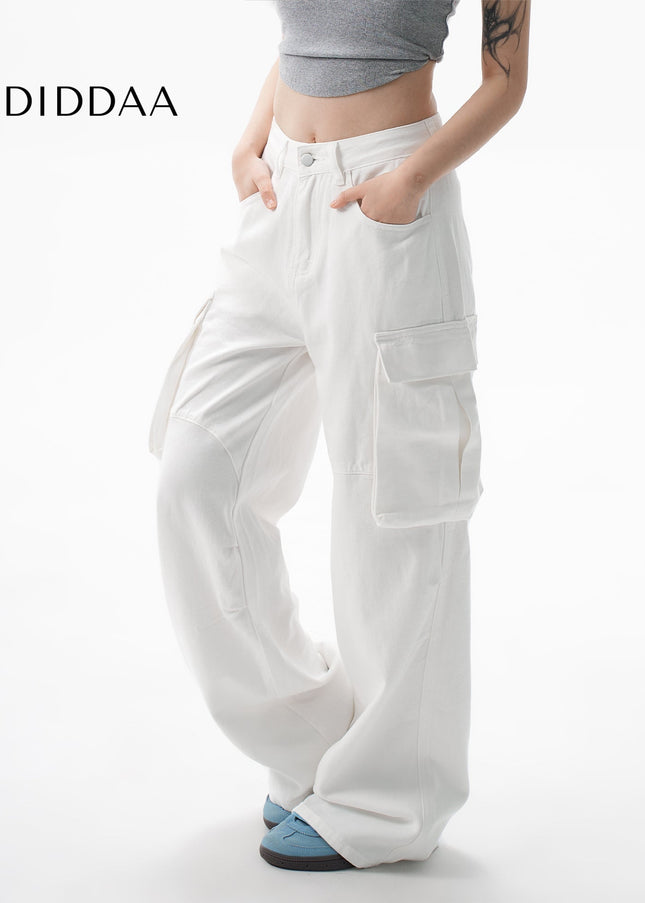 White Loose Drap Wide-Leg Cargo Jeans for Women - Women’s Jeans