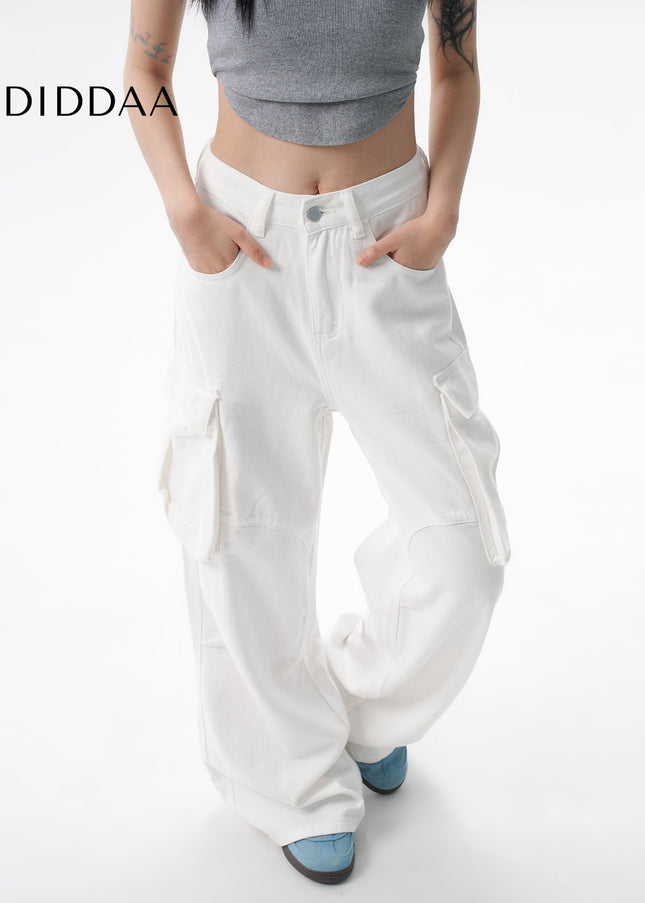 White Loose Drap Wide-Leg Cargo Jeans for Women - Women’s Jeans