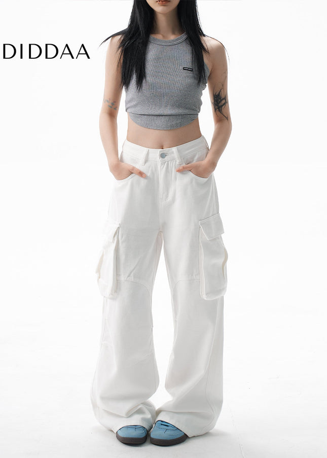 White Loose Drap Wide-Leg Cargo Jeans for Women - XS / White - Women’s Jeans