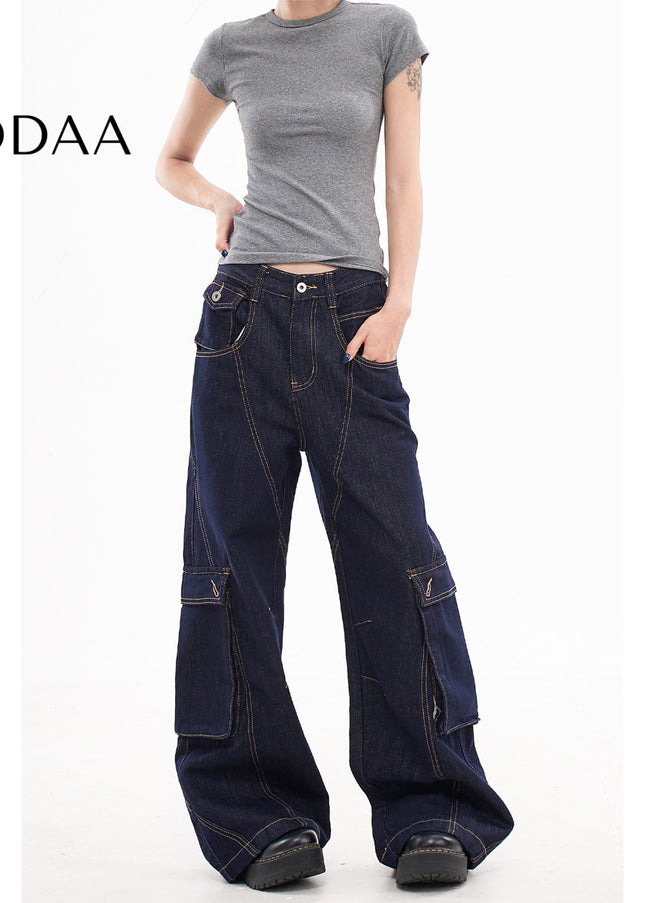 White Loose Fit Cargo Wide Leg Pants - XS / Dark Blue - Women’s Jeans