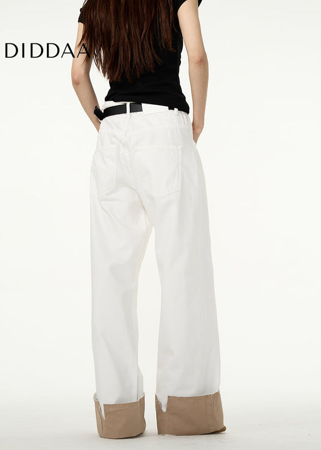 White Loose Straight-Leg Wide-Leg Couple Pants - Women’s Jeans