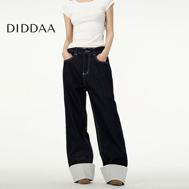White Loose Straight-Leg Wide-Leg Couple Pants - XS / Dark Blue - Women’s Jeans