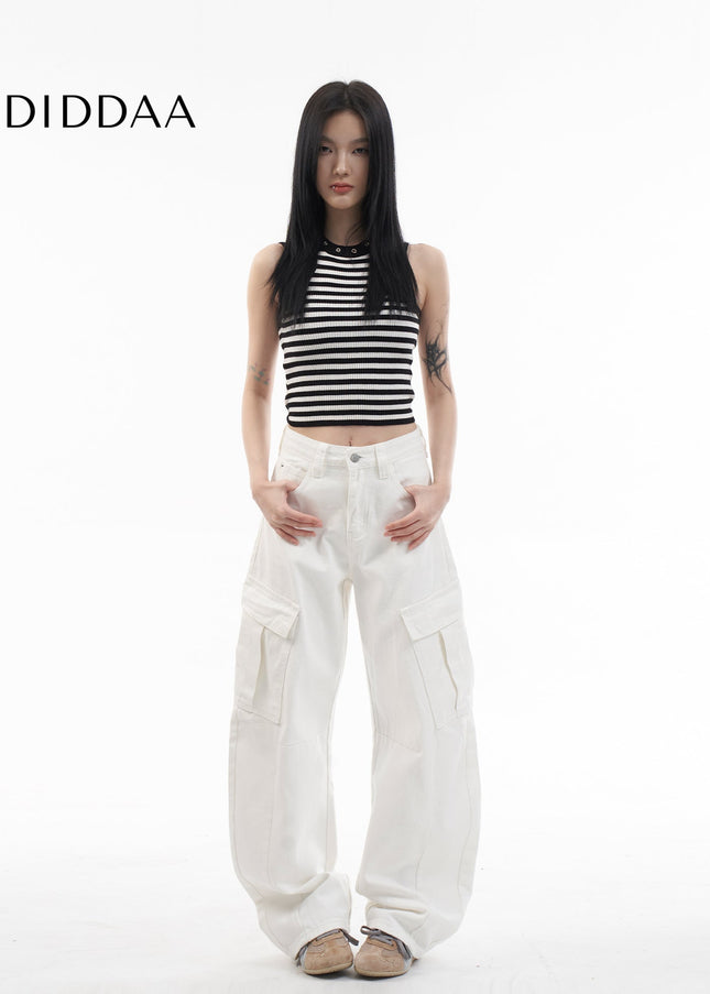 White Multi Pocket Wide Leg Cargo Pants - Women’s Jeans