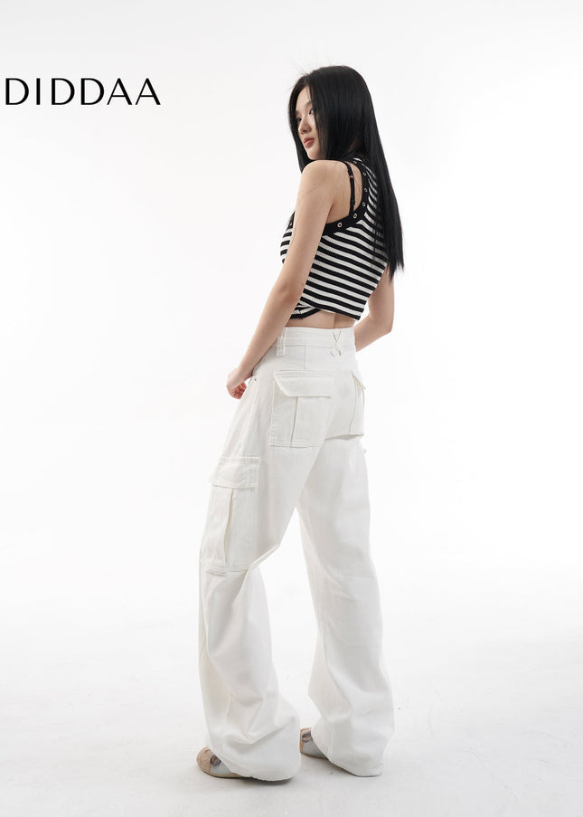 White Multi Pocket Wide Leg Cargo Pants - Women’s Jeans