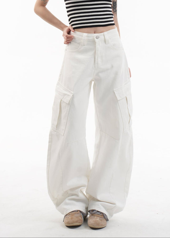 White Multi Pocket Wide Leg Cargo Pants - Women’s Jeans