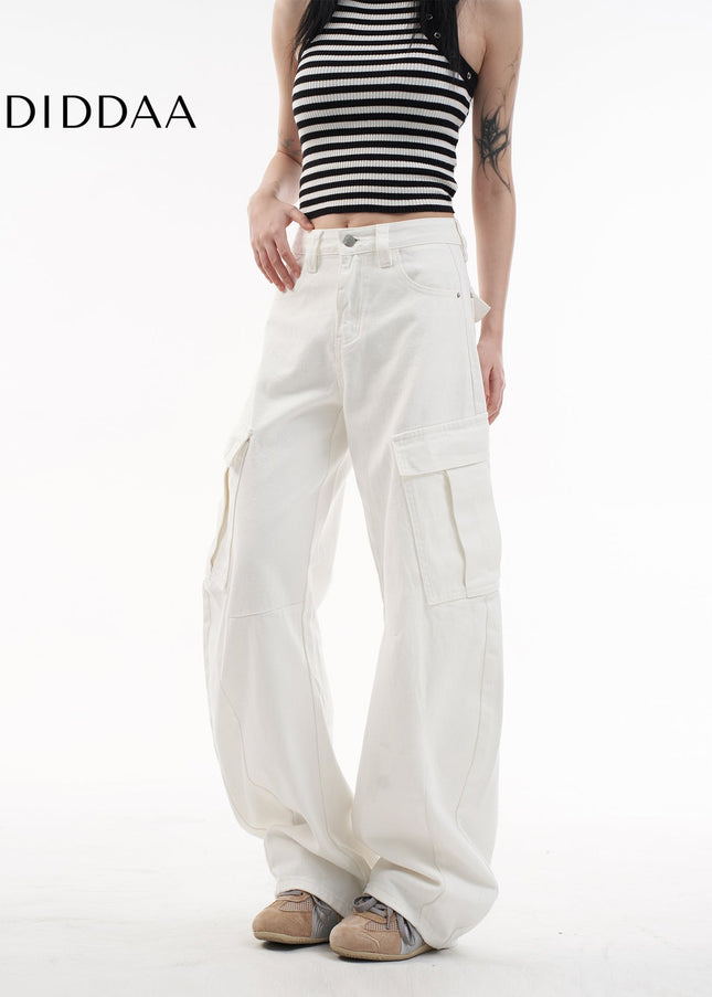 White Multi Pocket Wide Leg Cargo Pants - Women’s Jeans
