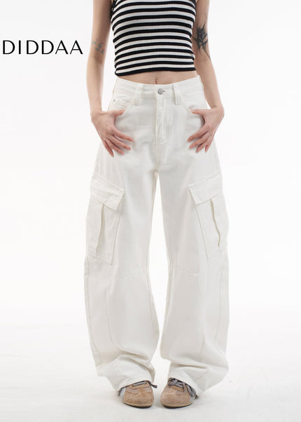 White Multi Pocket Wide Leg Cargo Pants - Women’s Jeans