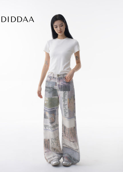 White Newspaper Print Wide-Leg Jeans - Women’s Jeans