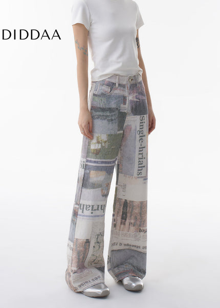 White Newspaper Print Wide-Leg Jeans - Women’s Jeans