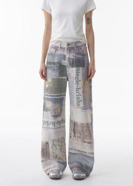 White Newspaper Print Wide-Leg Jeans - Women’s Jeans