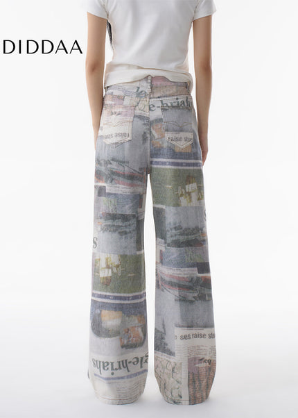 White Newspaper Print Wide-Leg Jeans - Women’s Jeans
