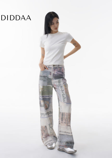 White Newspaper Print Wide-Leg Jeans - Women’s Jeans