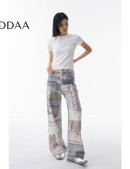 White Newspaper Print Wide-Leg Jeans - XS / Grey - Women’s Jeans