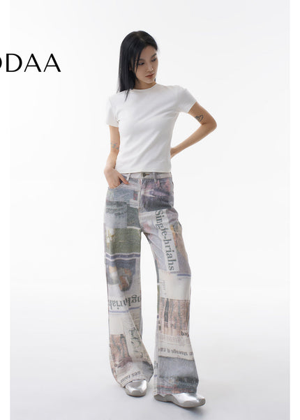 White Newspaper Print Wide-Leg Jeans - XS / Grey - Women’s Jeans