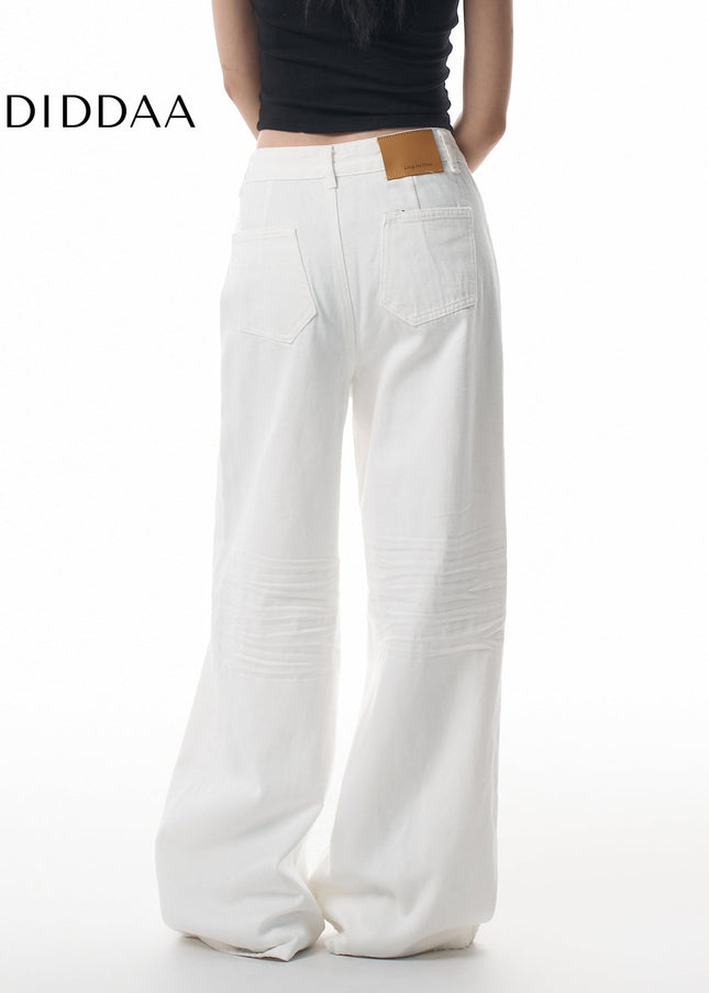 White Pressed-Pleated Wide-Leg Casual Jeans - Women’s Jeans