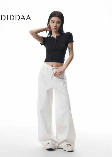 White Pressed-Pleated Wide-Leg Casual Jeans - Women’s Jeans