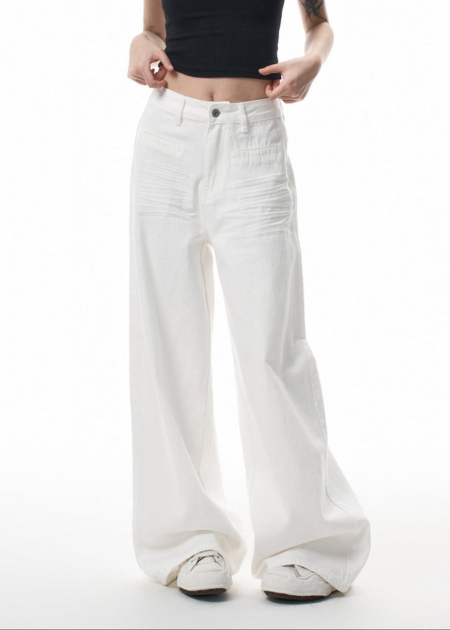 White Pressed-Pleated Wide-Leg Casual Jeans - Women’s Jeans