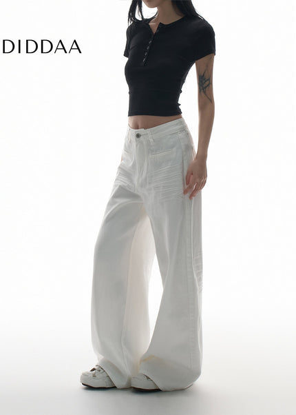 White Pressed-Pleated Wide-Leg Casual Jeans - Women’s Jeans