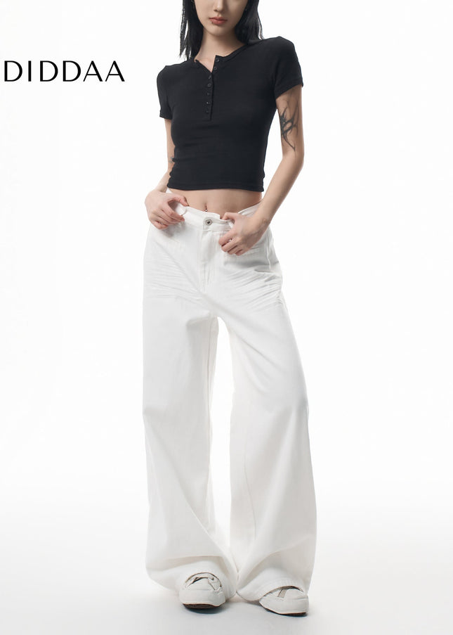 White Pressed-Pleated Wide-Leg Casual Jeans - Women’s Jeans