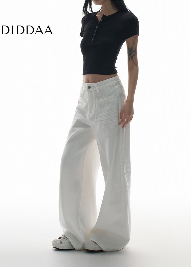 White Pressed-Pleated Wide-Leg Casual Jeans - XS / White - Women’s Jeans