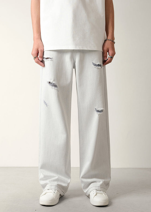 White Ripped Wide-Leg Jeans Men’s Loose Drapy Pants - 28 / White - Men’s Jeans