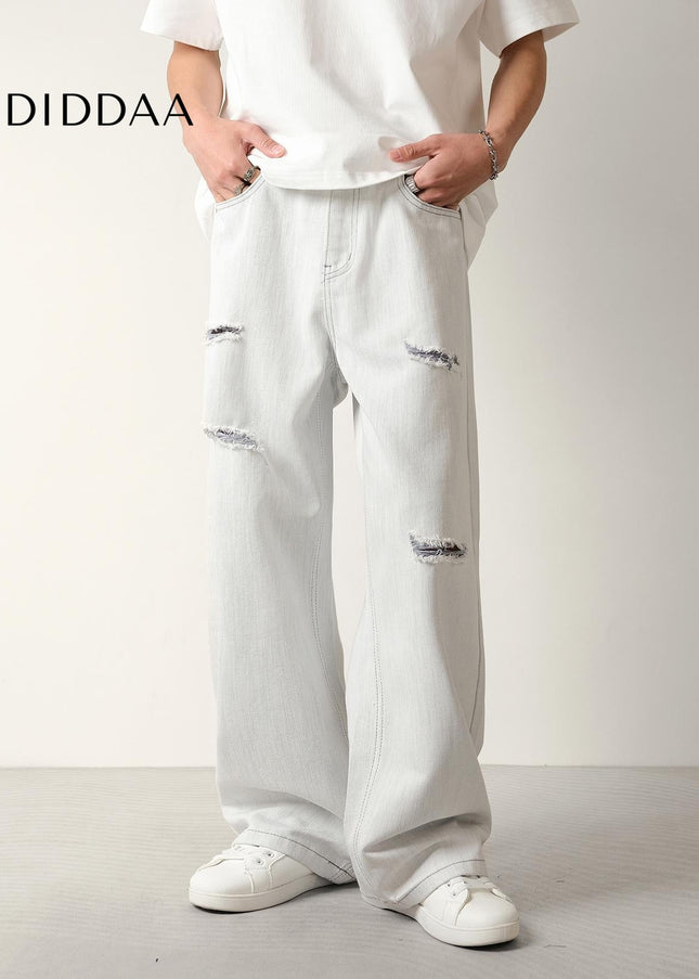 White Ripped Wide-Leg Jeans Men’s Loose Drapy Pants - Men’s Jeans