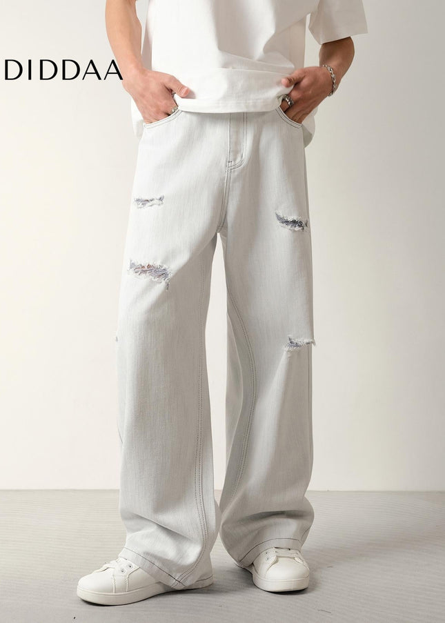 White Ripped Wide-Leg Jeans Men’s Loose Drapy Pants - Men’s Jeans