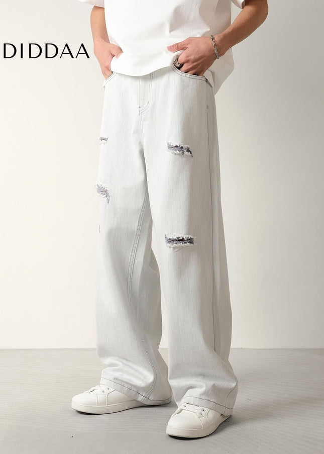 White Ripped Wide-Leg Jeans Men’s Loose Drapy Pants - Men’s Jeans
