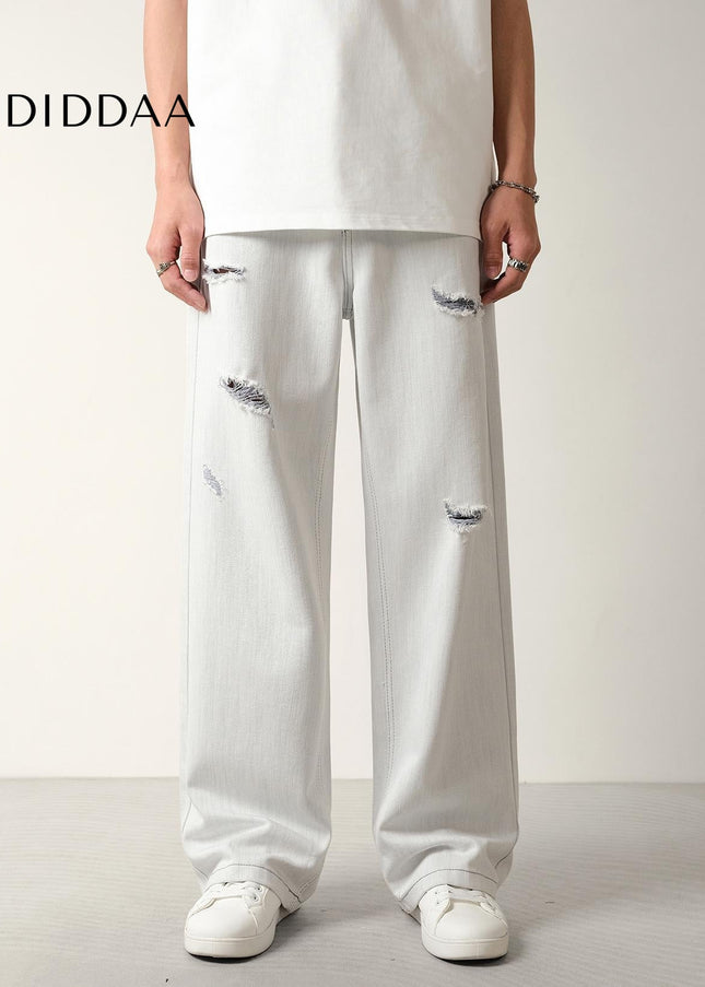 White Ripped Wide-Leg Jeans Men’s Loose Drapy Pants - Men’s Jeans